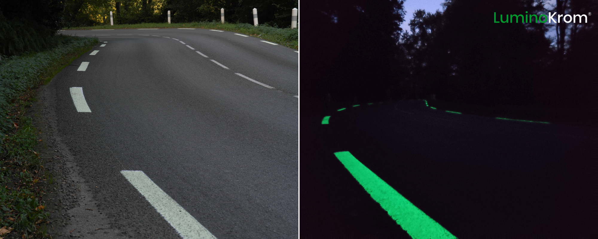 Jour et nuit avec LuminoKrom sur une route non éclairée