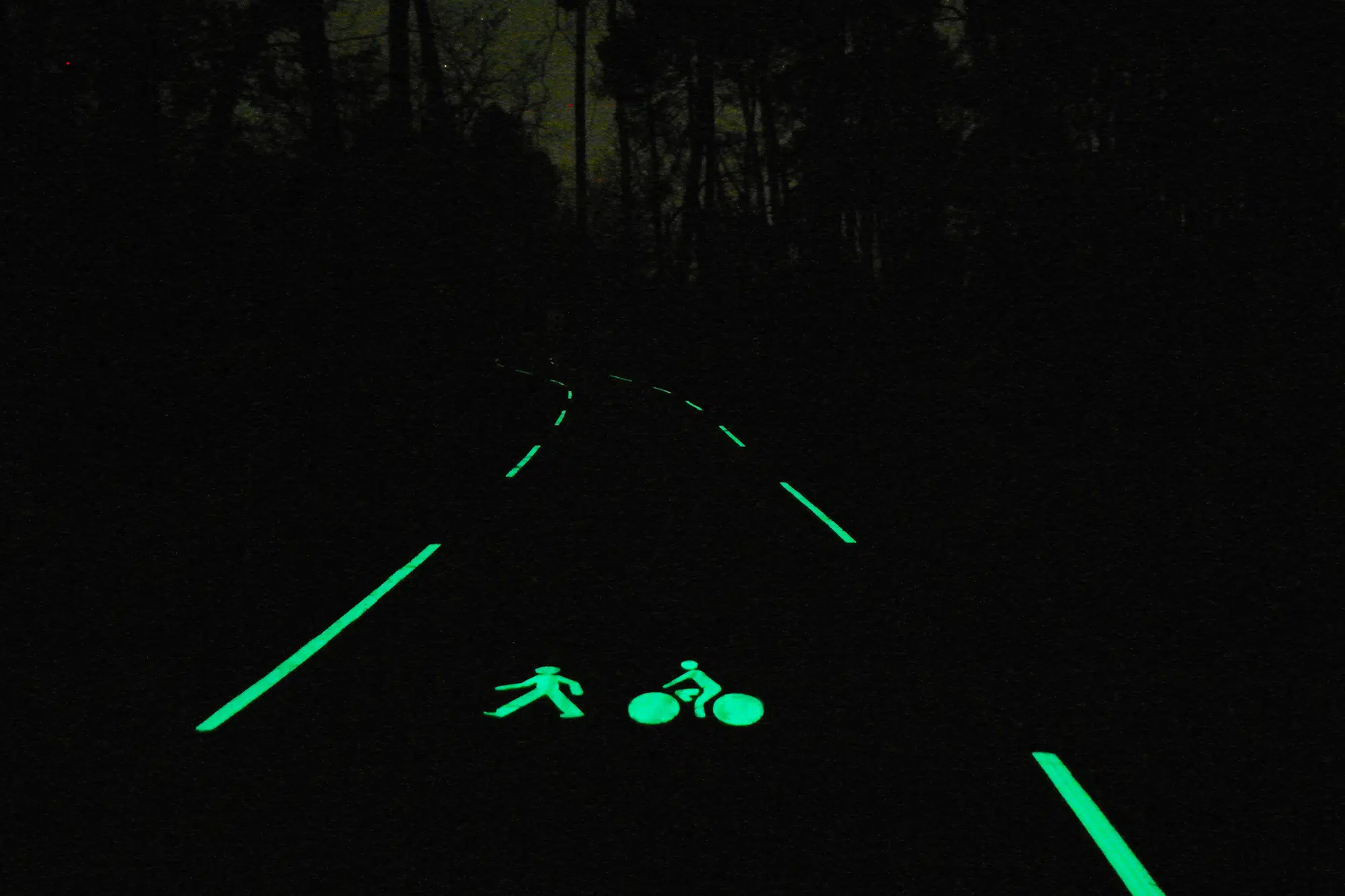 Piste cyclable de Canéjan de nuit avec marquage luminescent