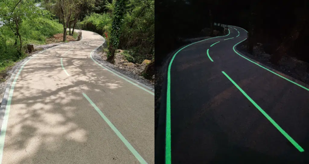 Piste cyclable aux marquages photoluminescents de nuit