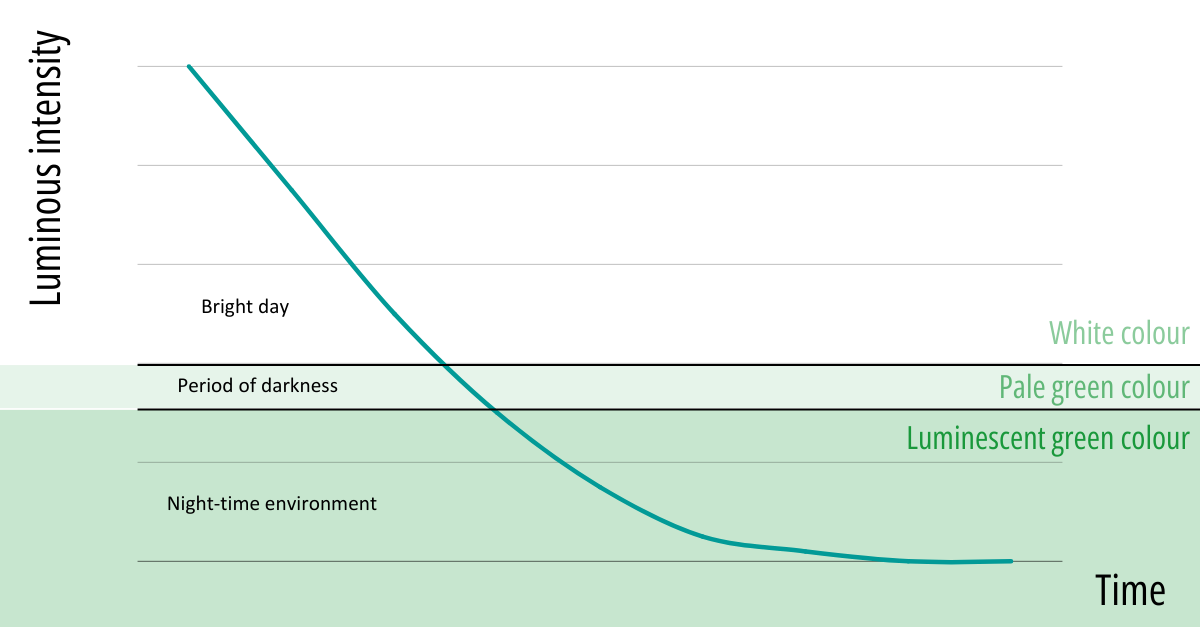 Light intensity evolution of a photoluminescent paint over time