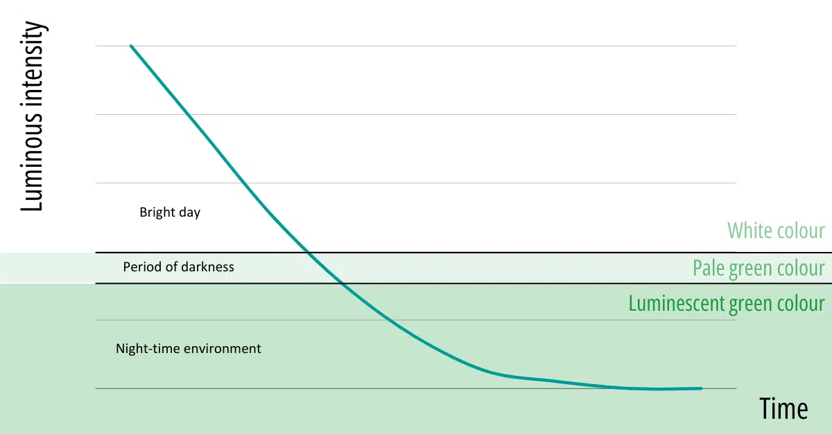 Light intensity evolution of a photoluminescent paint over time