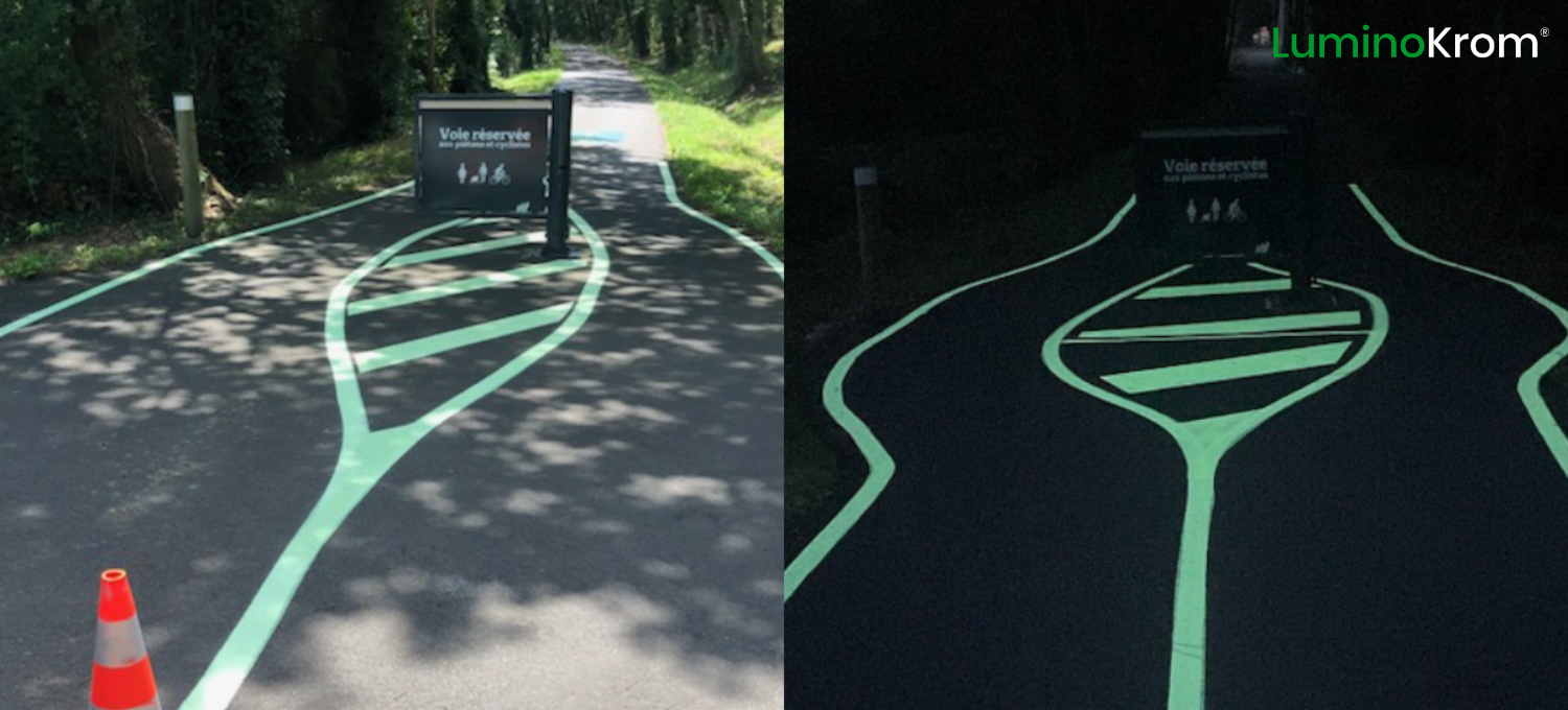 Peinture phosphorescent LuminoKrom sur une piste cyclable dans les Landes